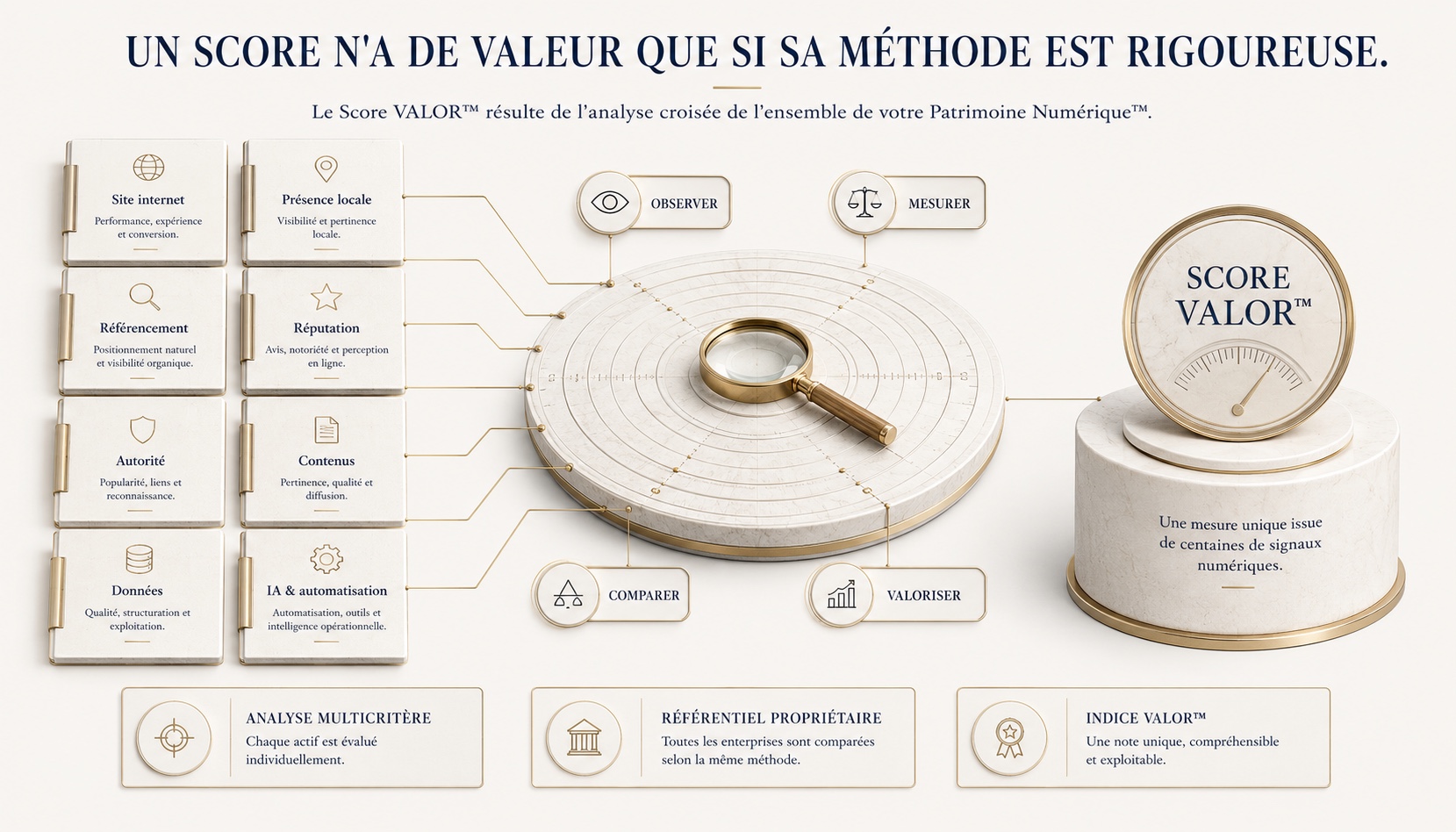 Schéma du calcul du Score VALOR™ : analyse multicritère des cinq dimensions, croisée par un référentiel propriétaire, synthétisée en un Indice VALOR™ unique.