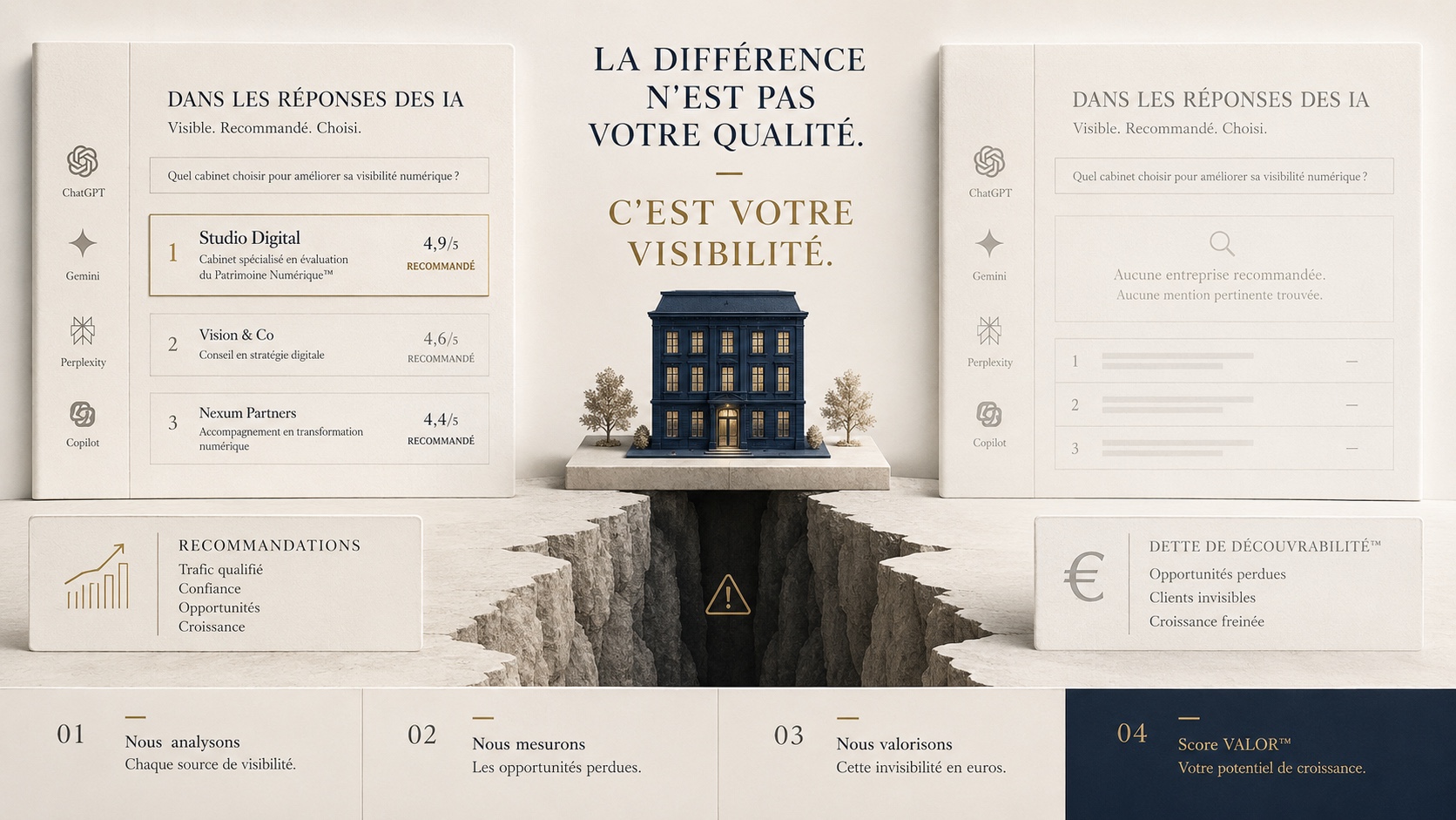Comparaison entre une entreprise recommandée par les IA et une entreprise absente de leurs réponses, séparées par un gouffre symbolisant la Dette de Découvrabilité™.