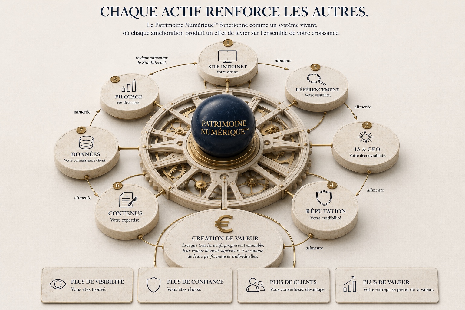 Le cercle vertueux du Patrimoine Numérique™ : site internet, référencement, IA & GEO, réputation, contenus, données et pilotage s'alimentent mutuellement autour de la création de valeur.