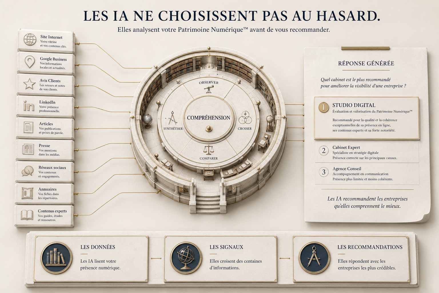 Comment une IA décide qui recommander : elle lit votre présence numérique — site, Google Business, avis, LinkedIn, presse, annuaires — croise des centaines de signaux, puis recommande l'entreprise qu'elle comprend le mieux.