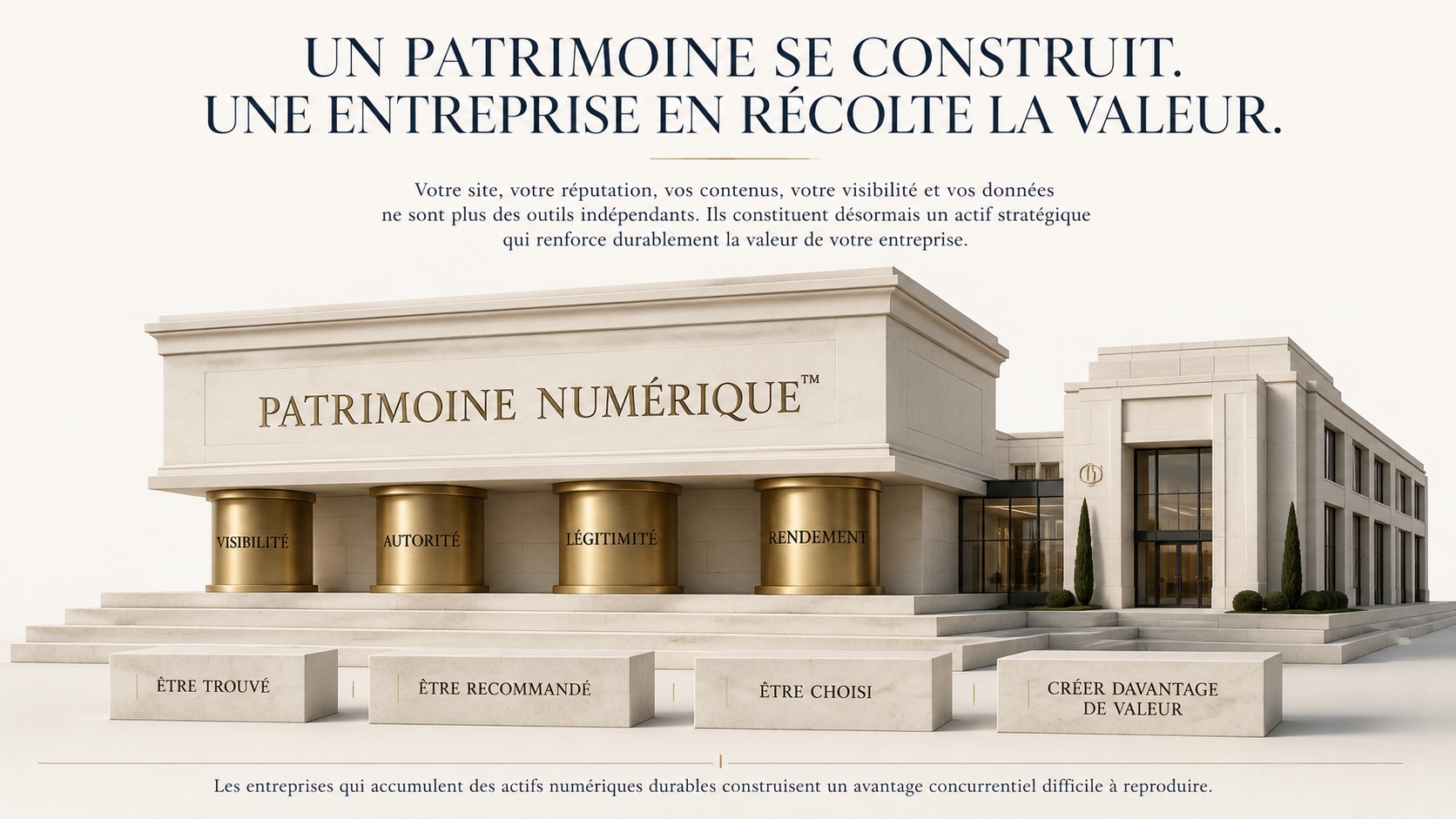 Un temple dont les colonnes — Visibilité, Autorité, Légitimité, Opportunités, Rentabilité — soutiennent l'entreprise : du Patrimoine Numérique™ à la valeur de l'entreprise.